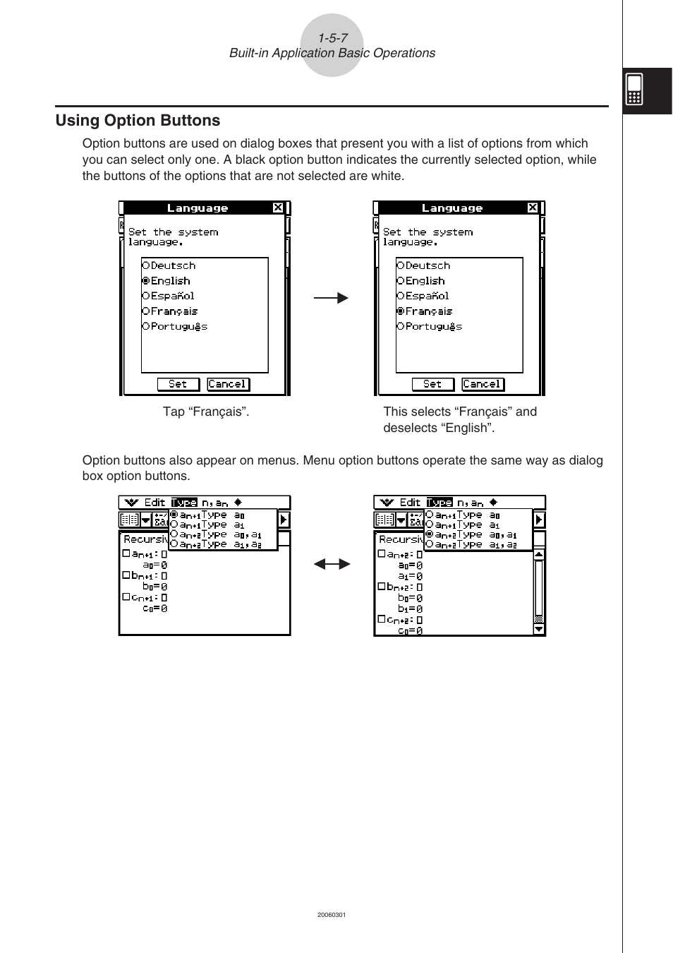 Using option buttons -5-7, Using option buttons | Casio CLASSPAD 330 3.04 User Manual | Page 47 / 954