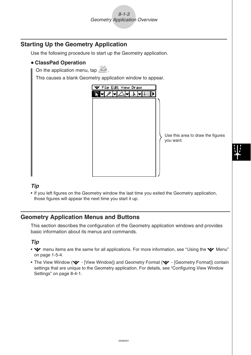 Geometry application menus and buttons, Starting up the geometry application | Casio CLASSPAD 330 3.04 User Manual | Page 483 / 954