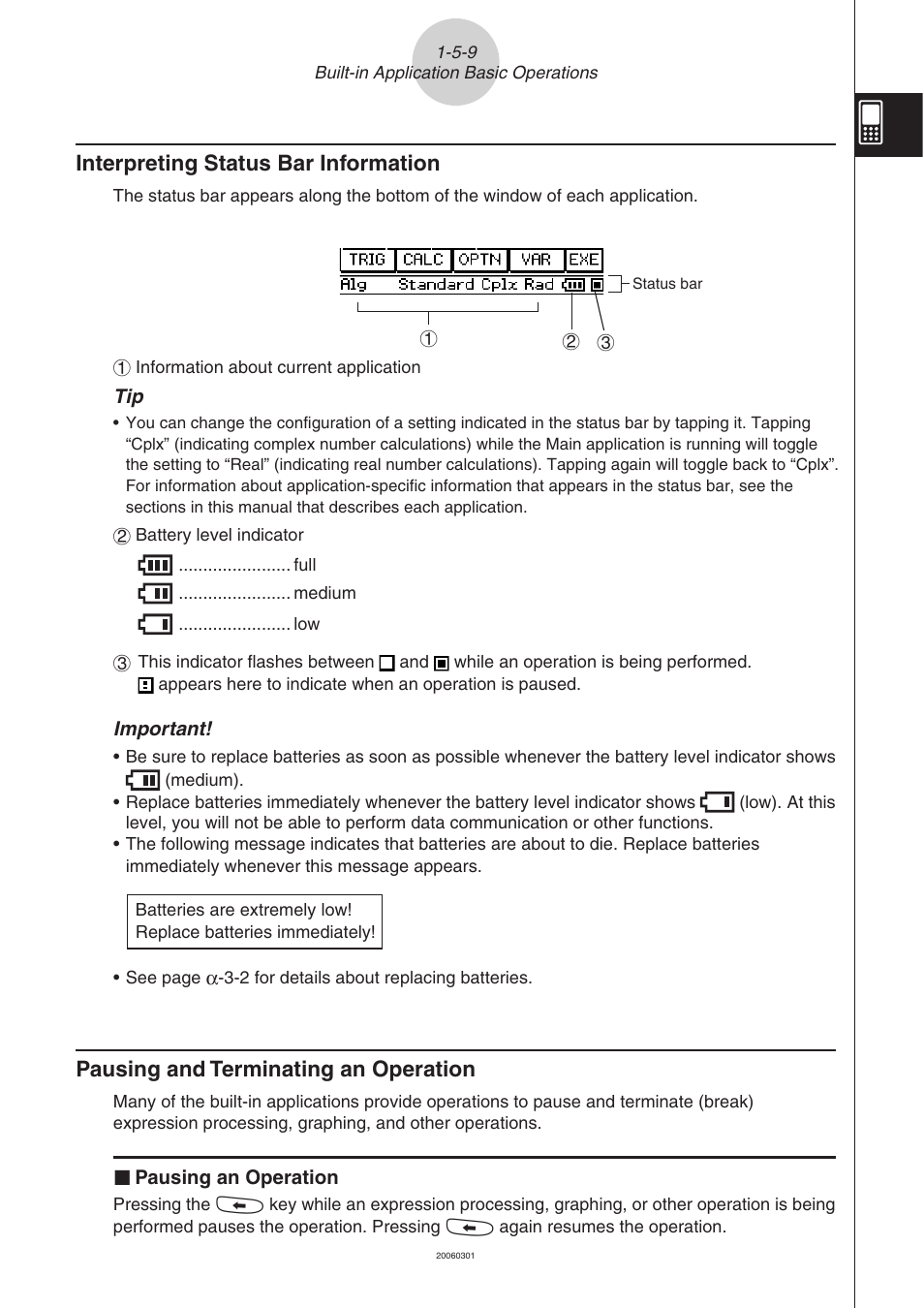 Interpreting status bar information, Pausing and terminating an operation | Casio CLASSPAD 330 3.04 User Manual | Page 49 / 954