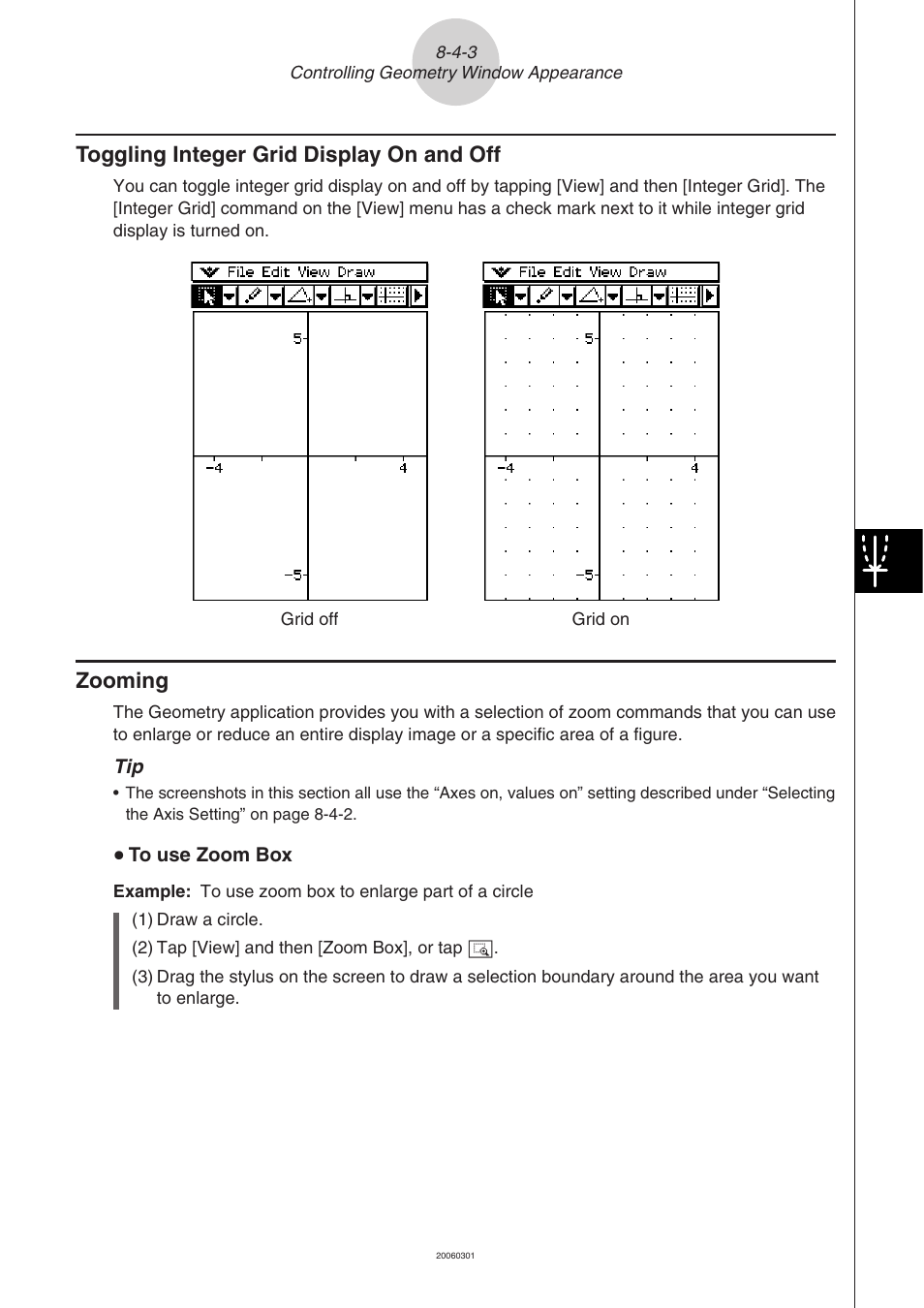 Zooming, Toggling integer grid display on and off | Casio CLASSPAD 330 3.04 User Manual | Page 545 / 954