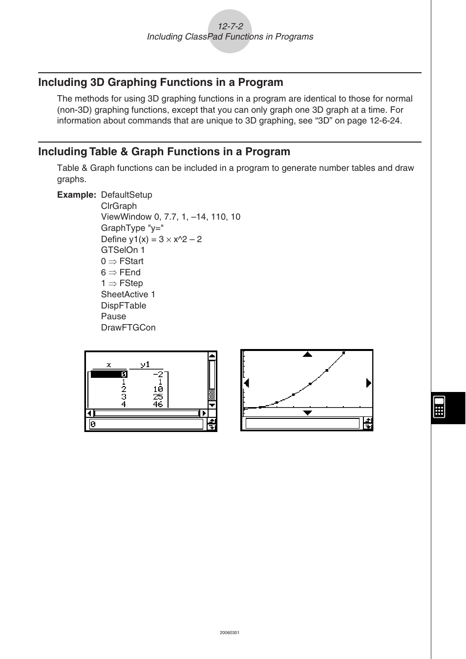 Including 3d graphing functions in a program, Including table & graph functions in a program | Casio CLASSPAD 330 3.04 User Manual | Page 704 / 954