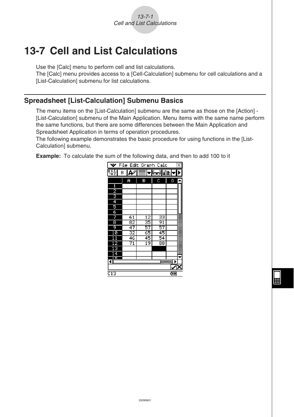 7 cell and list calculations, Cell and list calculations -7-1, Spreadsheet [list-calculation] submenu basics -7-1 | Casio CLASSPAD 330 3.04 User Manual | Page 757 / 954