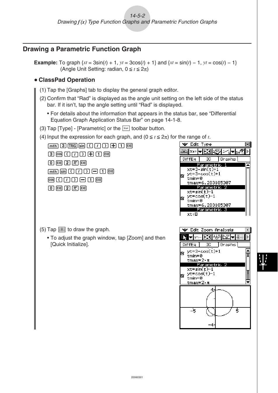 Drawing a parametric function graph -5-2, Drawing a parametric function graph | Casio CLASSPAD 330 3.04 User Manual | Page 819 / 954