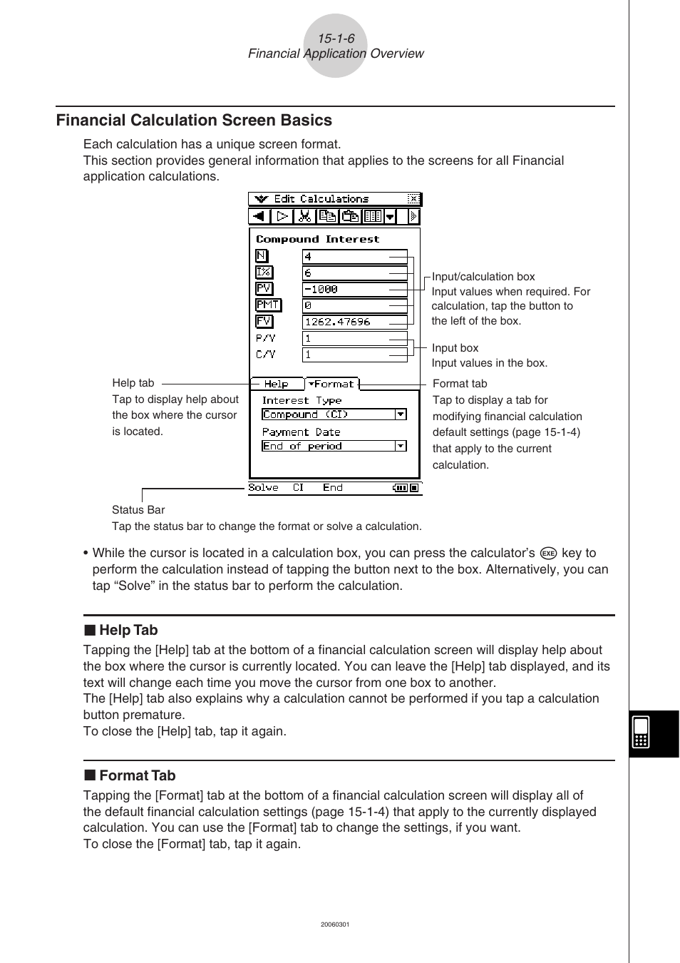 Financial calculation screen basics -1-6, Financial calculation screen basics, I help tab | I format tab | Casio CLASSPAD 330 3.04 User Manual | Page 839 / 954