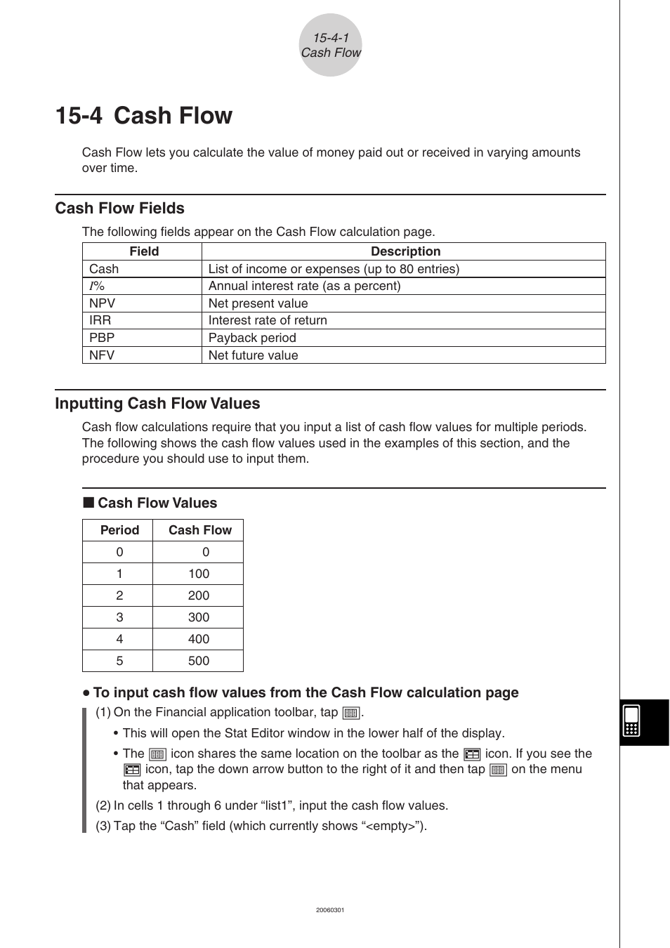 4 cash flow, Cash flow -4-1, Cash flow fields | Inputting cash flow values | Casio CLASSPAD 330 3.04 User Manual | Page 846 / 954