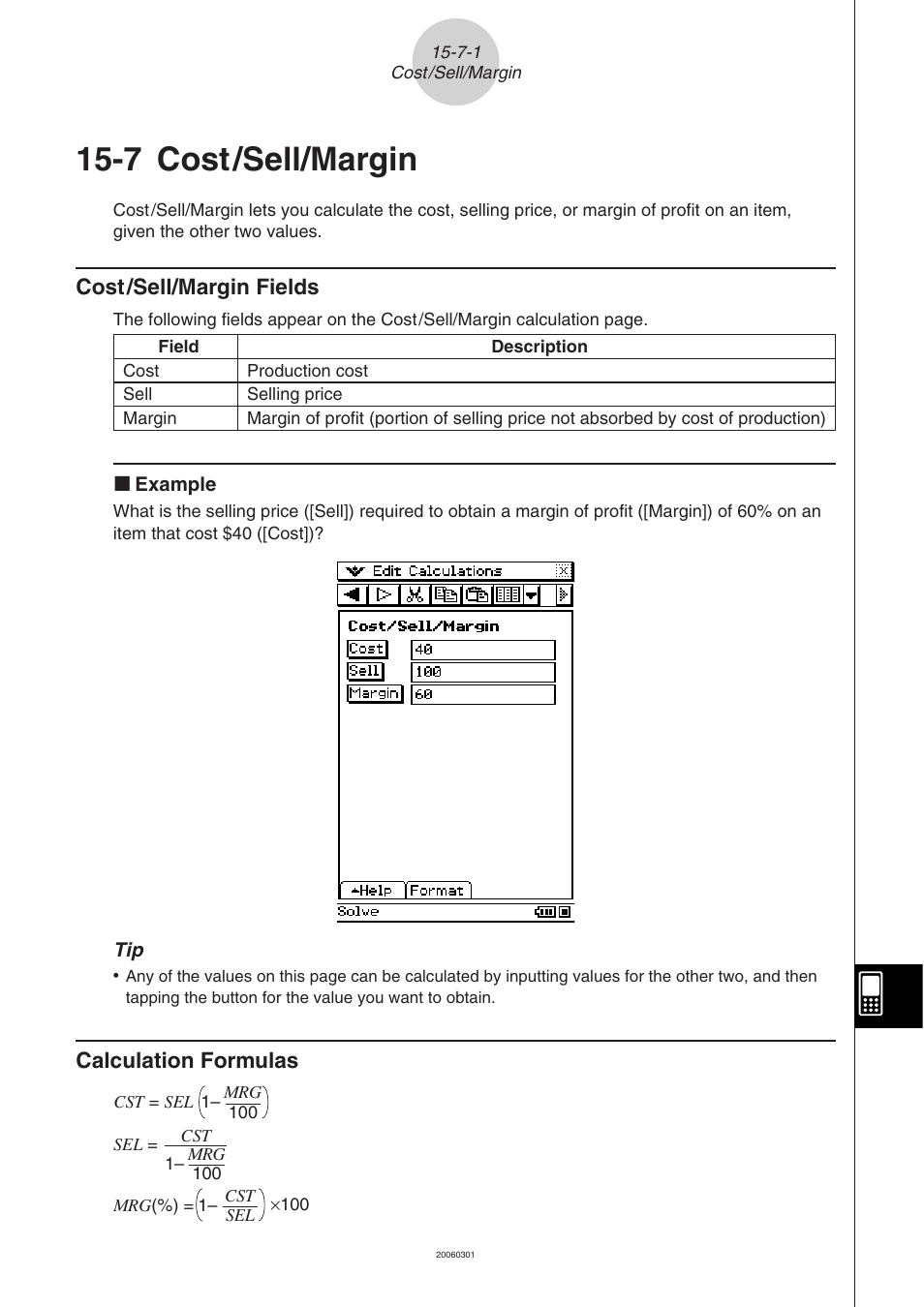 7 cost/sell/margin, Cost /sell/margin -7-1, 7 cost /sell/margin | Cost /sell/margin fields, Calculation formulas | Casio CLASSPAD 330 3.04 User Manual | Page 856 / 954