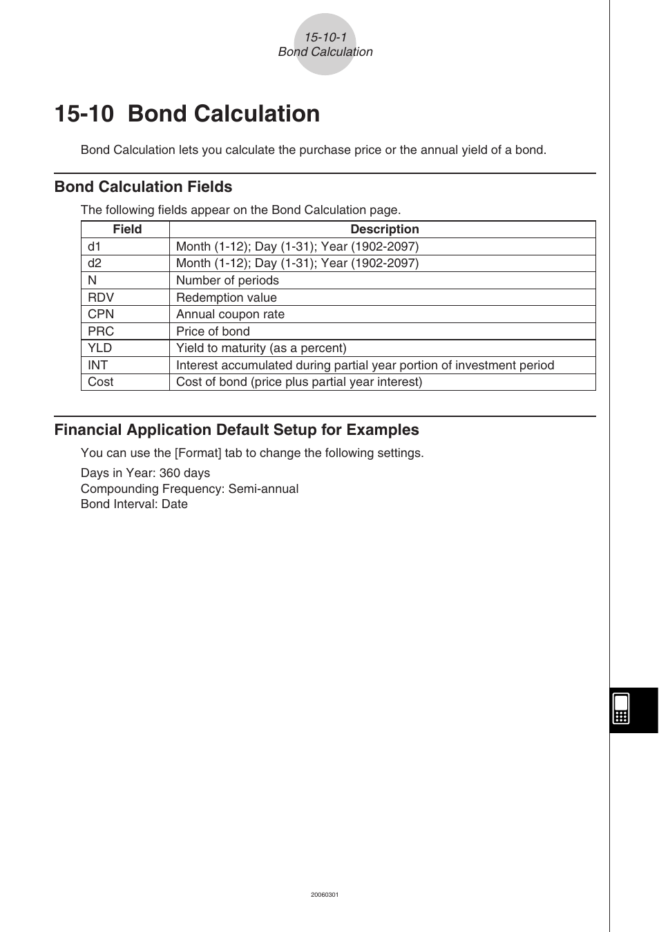 10 bond calculation, Bond, Calculation -10-1 | 10 bond, Calculation, Bond calculation fields, Financial application default setup for examples | Casio CLASSPAD 330 3.04 User Manual | Page 863 / 954