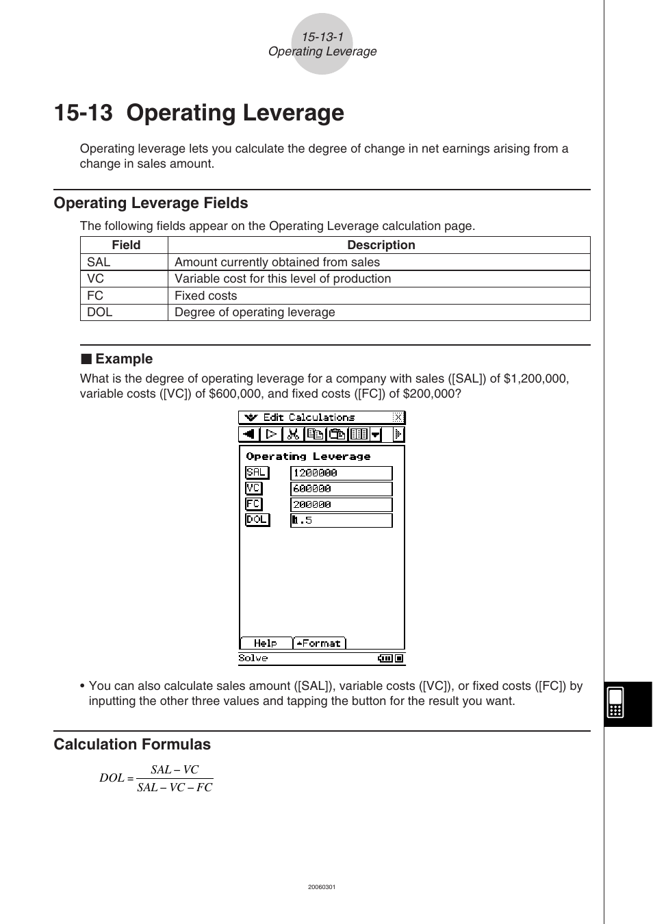 13 operating leverage, Operating, Leverage | Operating leverage fields -13-1, 13 operating, Operating leverage fields, Calculation formulas | Casio CLASSPAD 330 3.04 User Manual | Page 872 / 954