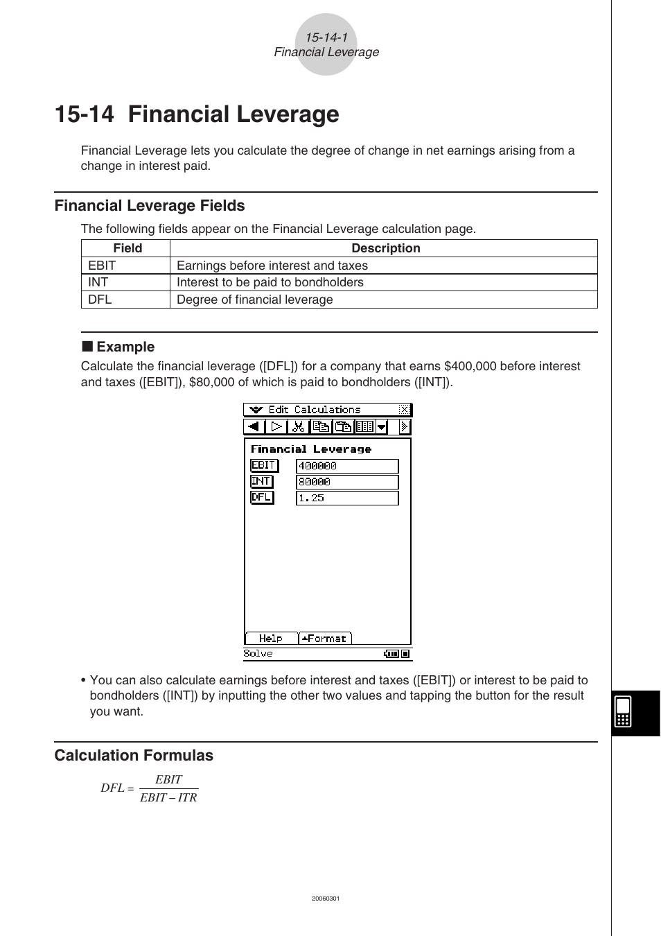 14 financial leverage, Calculation formulas -13-1, Financial | Leverage, 14 financial, Financial leverage fields, Calculation formulas | Casio CLASSPAD 330 3.04 User Manual | Page 873 / 954