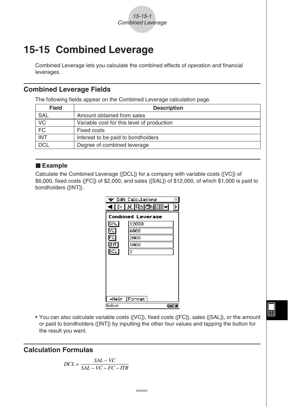 15 combined leverage, Combined, Leverage | 15 combined, Combined leverage fields, Calculation formulas | Casio CLASSPAD 330 3.04 User Manual | Page 874 / 954