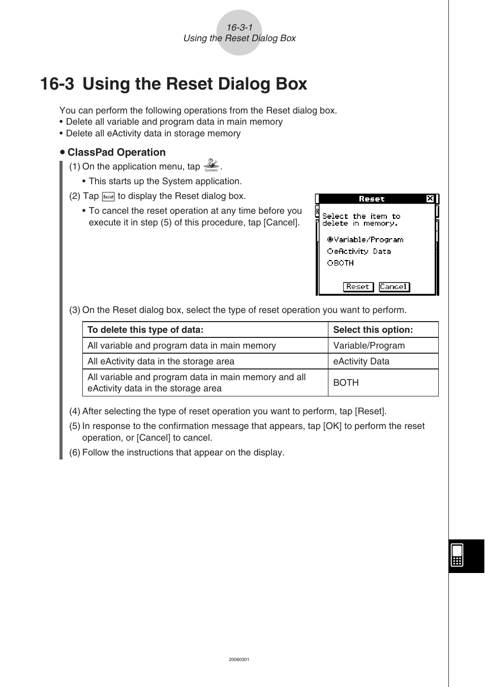 3 using the reset dialog box, Using the reset dialog box -3-1 | Casio CLASSPAD 330 3.04 User Manual | Page 883 / 954