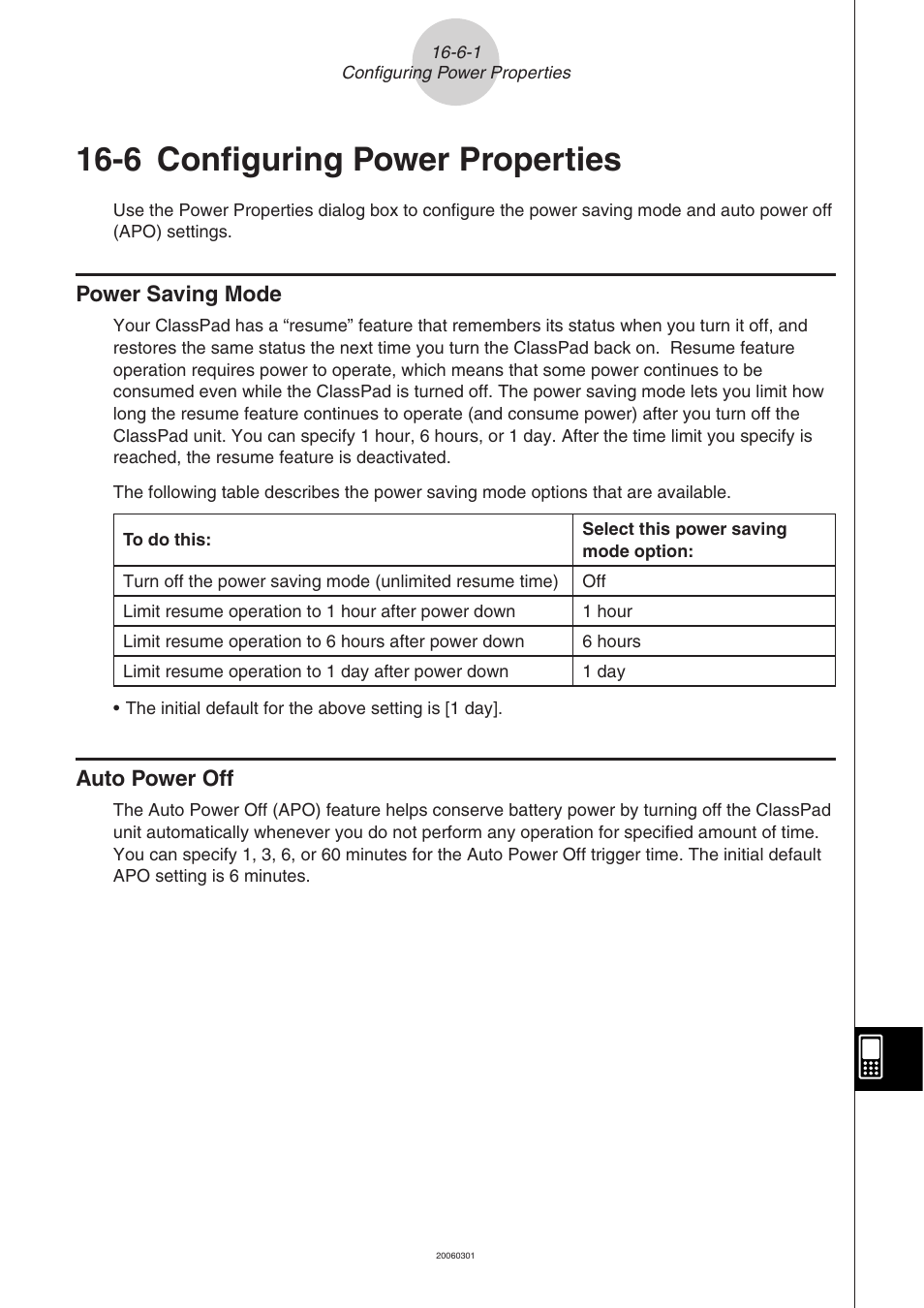 6 configuring power properties, 6 configuring power properties -6-1, Power saving mode -6-1 auto power off -6-1 | Casio CLASSPAD 330 3.04 User Manual | Page 886 / 954
