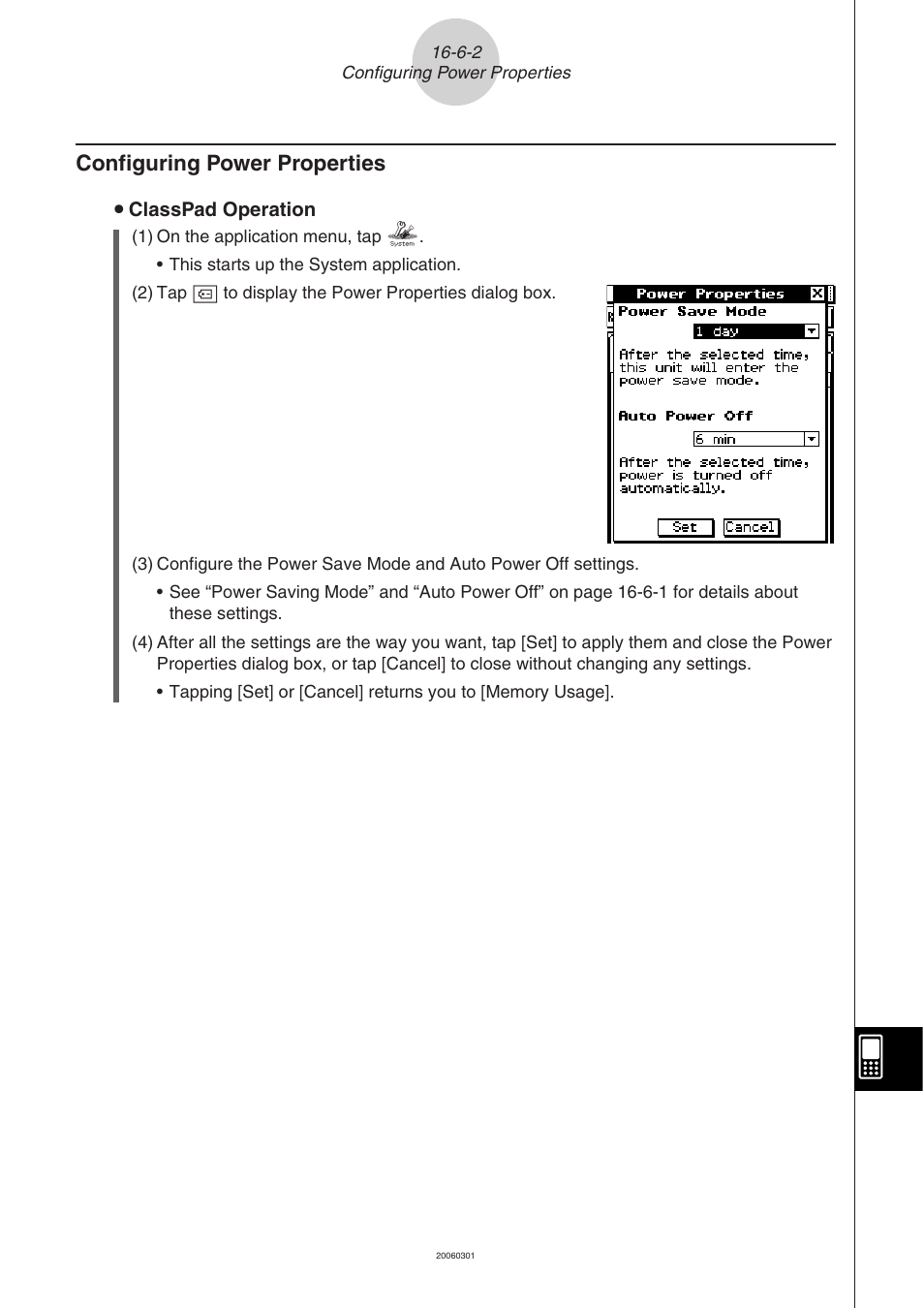 Configuring power properties -6-2, Configuring power properties | Casio CLASSPAD 330 3.04 User Manual | Page 887 / 954