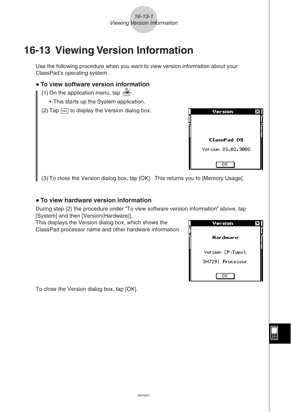 13 viewing version information, Viewing, Version information -13-1 | 13 viewing, Version information | Casio CLASSPAD 330 3.04 User Manual | Page 894 / 954