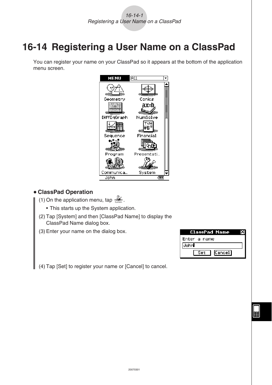 14 registering a user name on a classpad, Registering a user name on a classpad -14-1 | Casio CLASSPAD 330 3.04 User Manual | Page 895 / 954