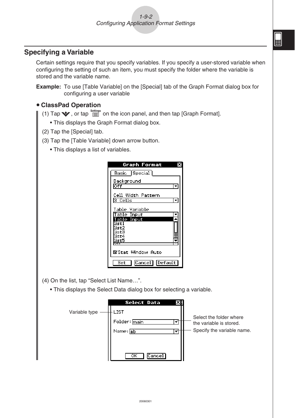 Specifying a variable -9-2, Specifying a variable | Casio CLASSPAD 330 3.04 User Manual | Page 95 / 954