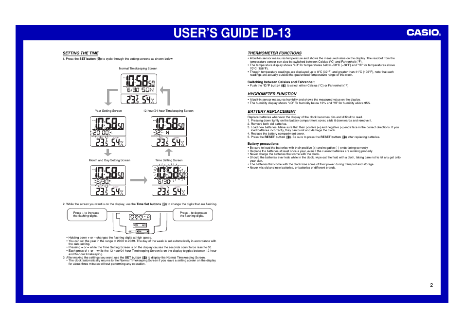 Setting the time, Thermometer functions, Hygrometer function | Battery replacement, User’s guide id-13 | Casio ID-13 User Manual | Page 2 / 2