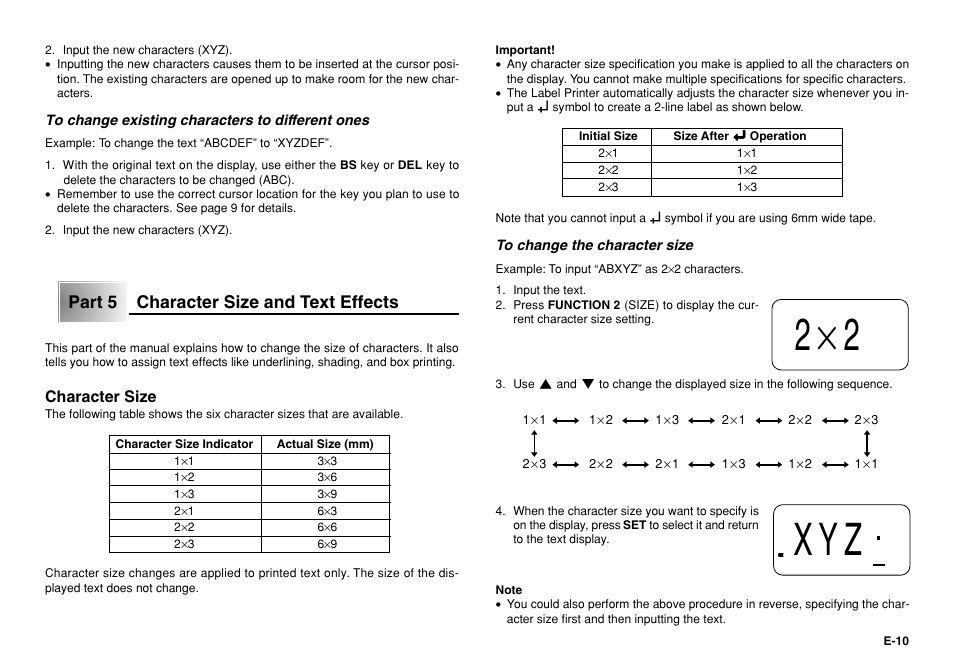 2ч2 xyz, Part 5 character size and text effects | Casio KL-750 User Manual | Page 11 / 19