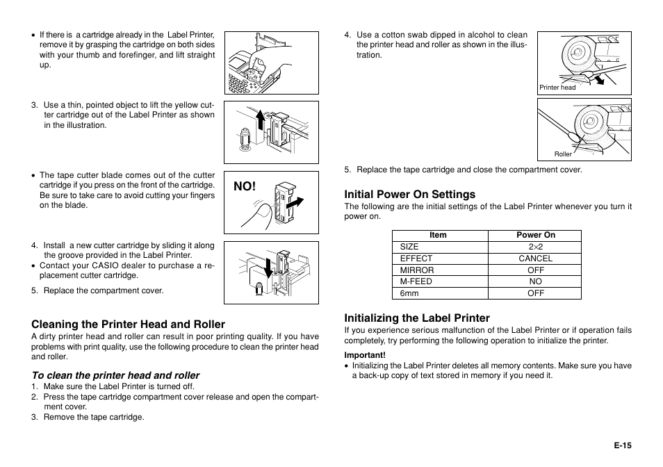 Cleaning the printer head and roller, Initial power on settings, Initializing the label printer | Casio KL-750 User Manual | Page 16 / 19