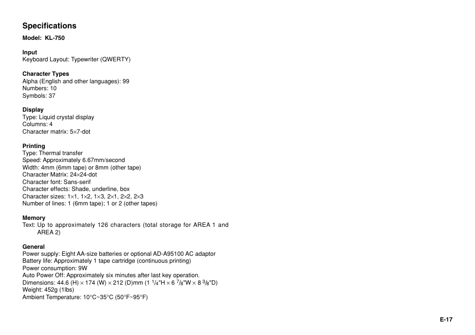 Specifications | Casio KL-750 User Manual | Page 18 / 19