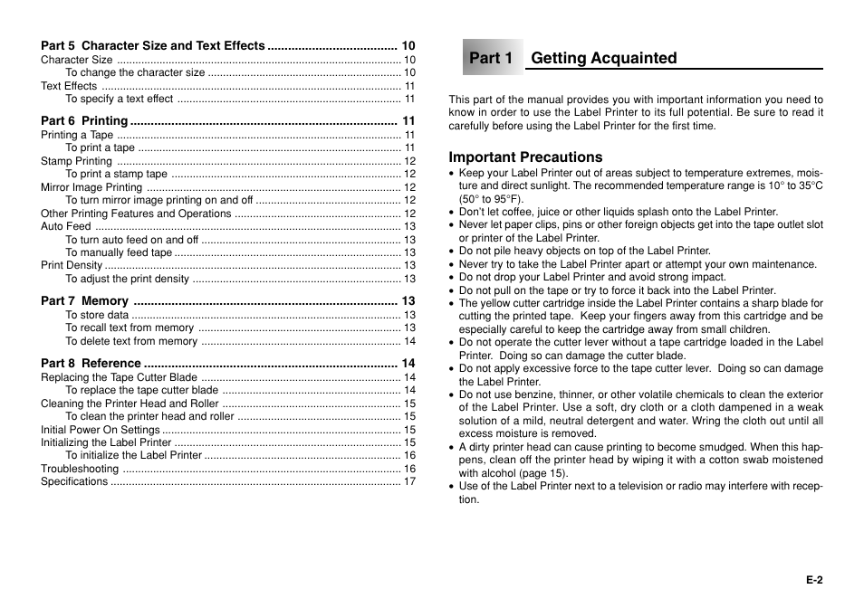 Part 1 getting acquainted, Important precautions | Casio KL-750 User Manual | Page 3 / 19