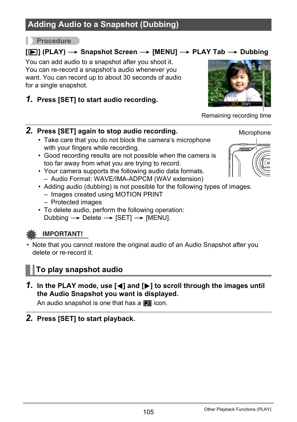 Adding audio to a snapshot (dubbing), To play snapshot audio | Casio EX-H15 User Manual | Page 105 / 194