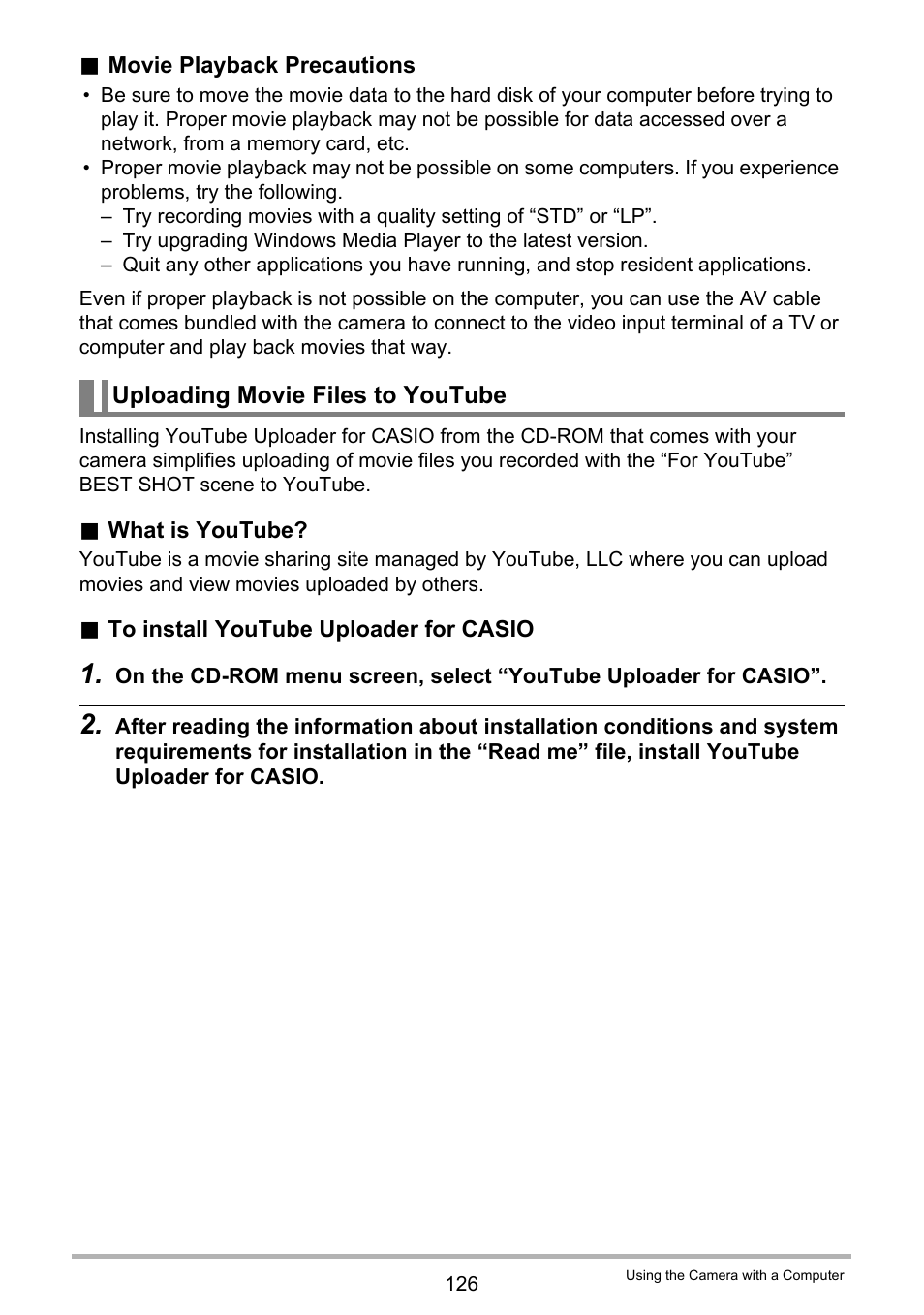 Uploading movie files to youtube | Casio EX-H15 User Manual | Page 126 / 194