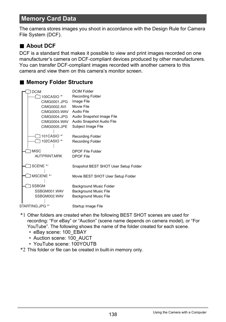 Memory card data, Nized in memory, see “memory folder, About dcf | Casio EX-H15 User Manual | Page 138 / 194