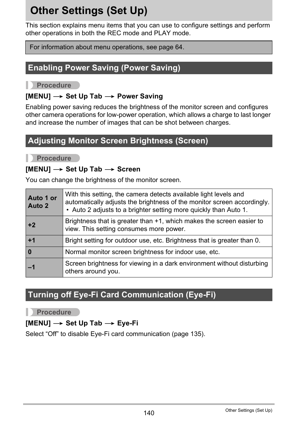 Other settings (set up), Enabling power saving (power saving), Adjusting monitor screen brightness (screen) | Turning off eye-fi card communication (eye-fi), Other settings, Set up) 140 | Casio EX-H15 User Manual | Page 140 / 194