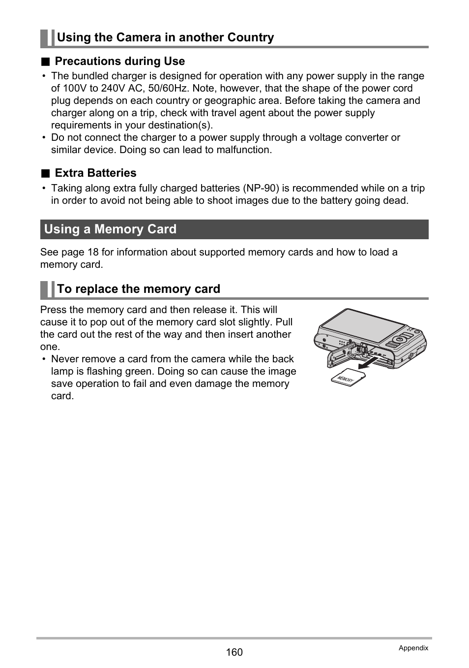 Using the camera in another country, Using a memory card, To replace the memory card | Casio EX-H15 User Manual | Page 160 / 194