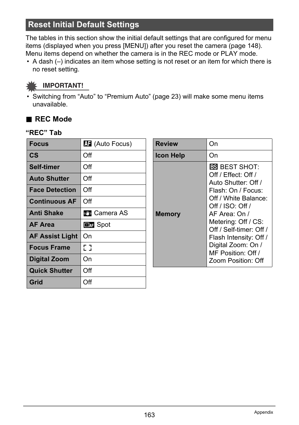 Reset initial default settings | Casio EX-H15 User Manual | Page 163 / 194