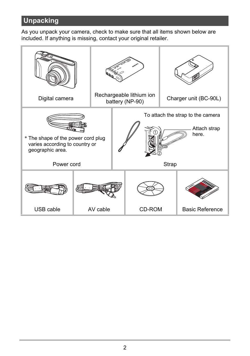 Unpacking | Casio EX-H15 User Manual | Page 2 / 194