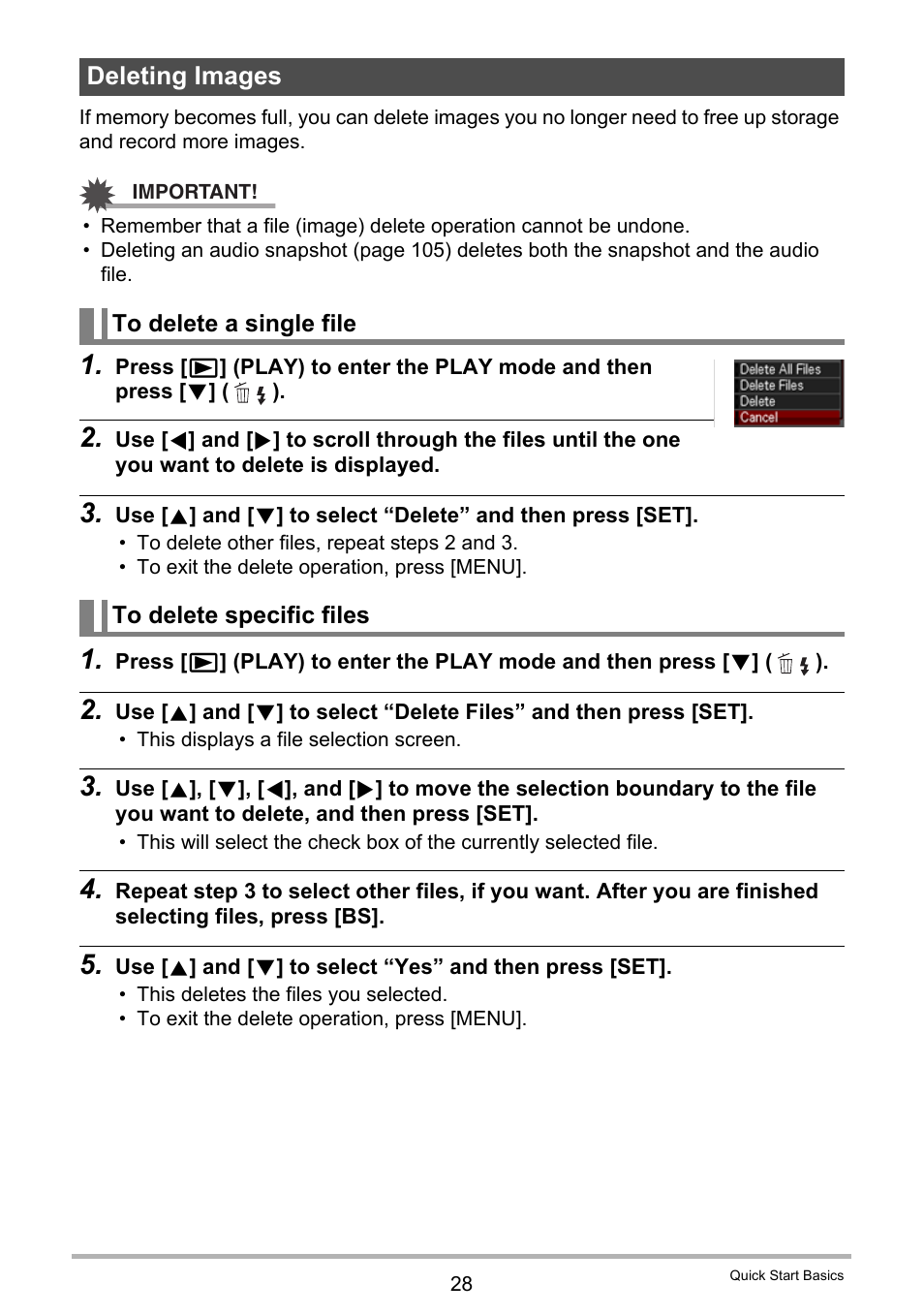 Deleting images, To delete a single file, To delete specific files | Casio EX-H15 User Manual | Page 28 / 194