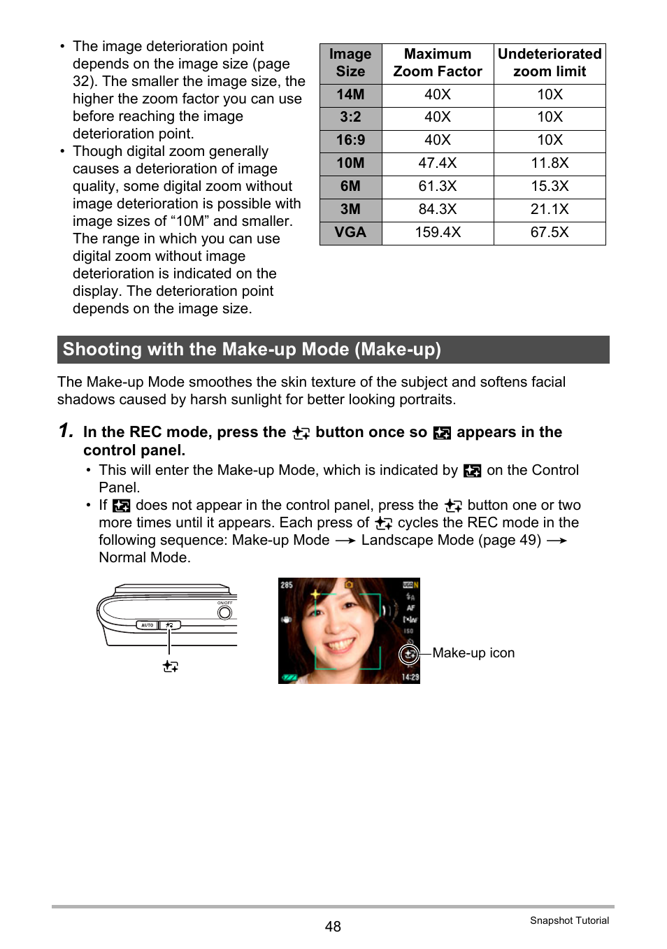 Shooting with the make-up mode (make-up), Ages 48, 49) | Casio EX-H15 User Manual | Page 48 / 194