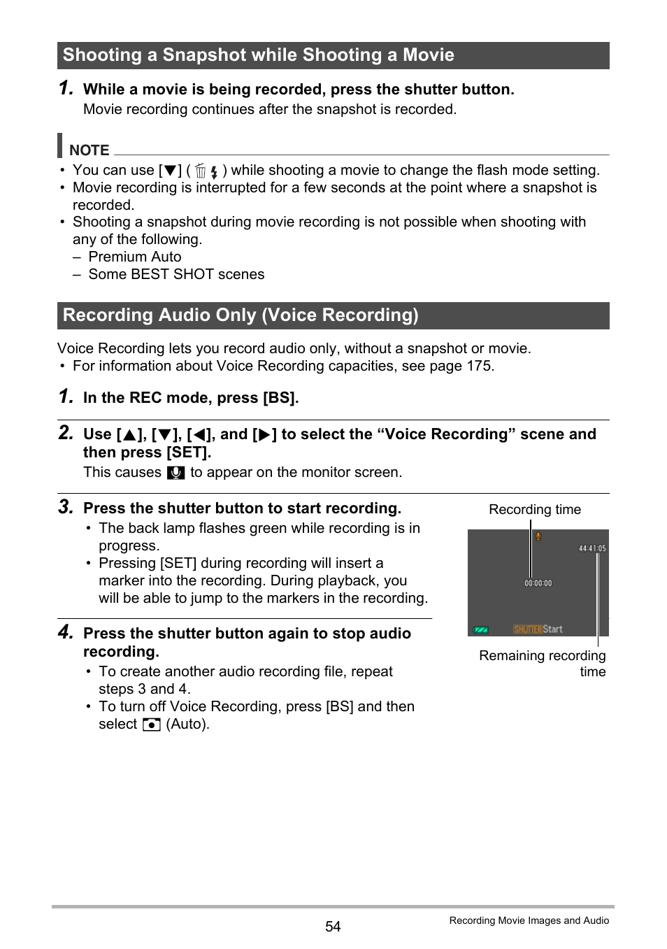 Shooting a snapshot while shooting a movie, Recording audio only (voice recording) | Casio EX-H15 User Manual | Page 54 / 194