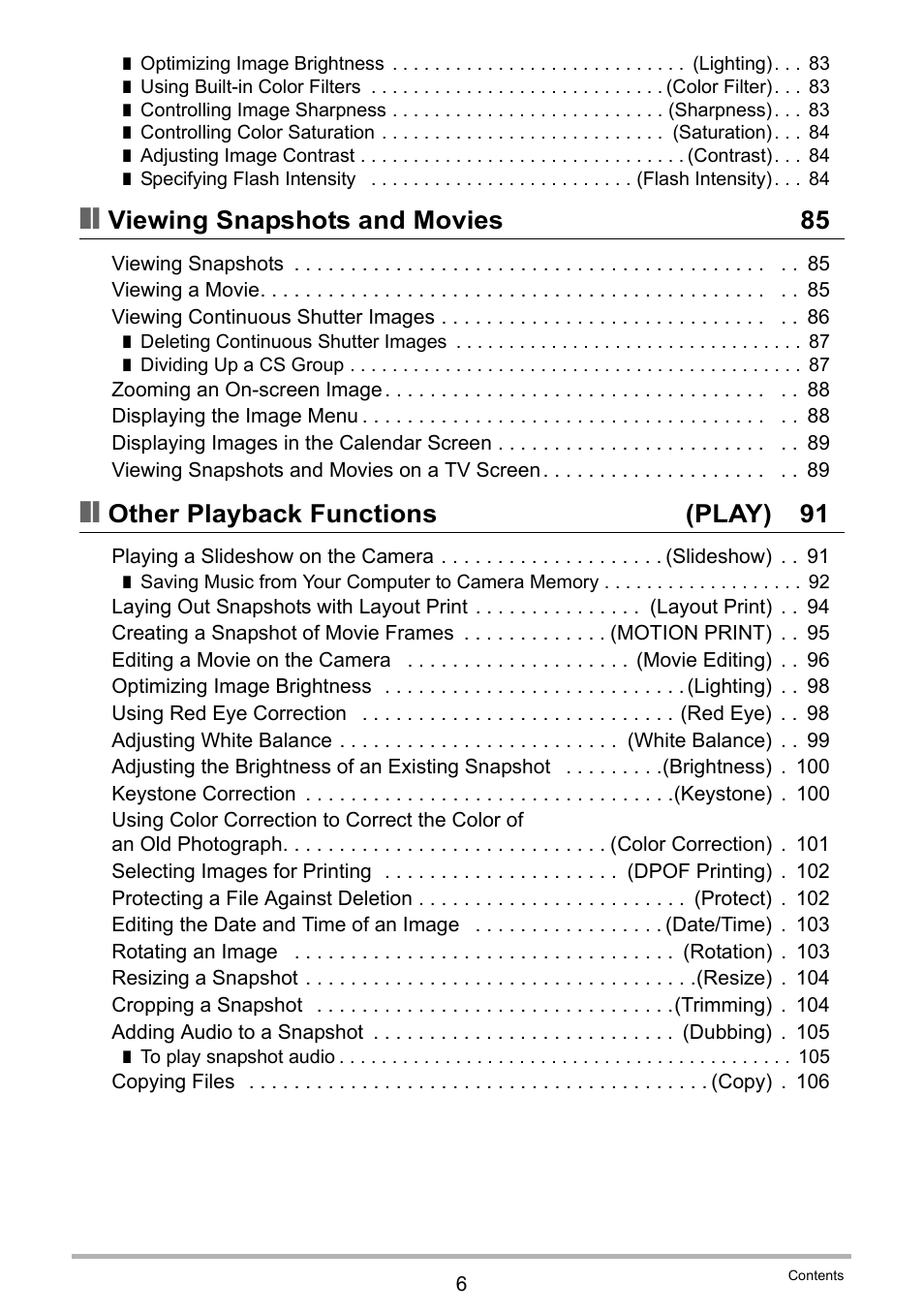 Viewing snapshots and movies 85, Other playback functions (play) 91 | Casio EX-H15 User Manual | Page 6 / 194