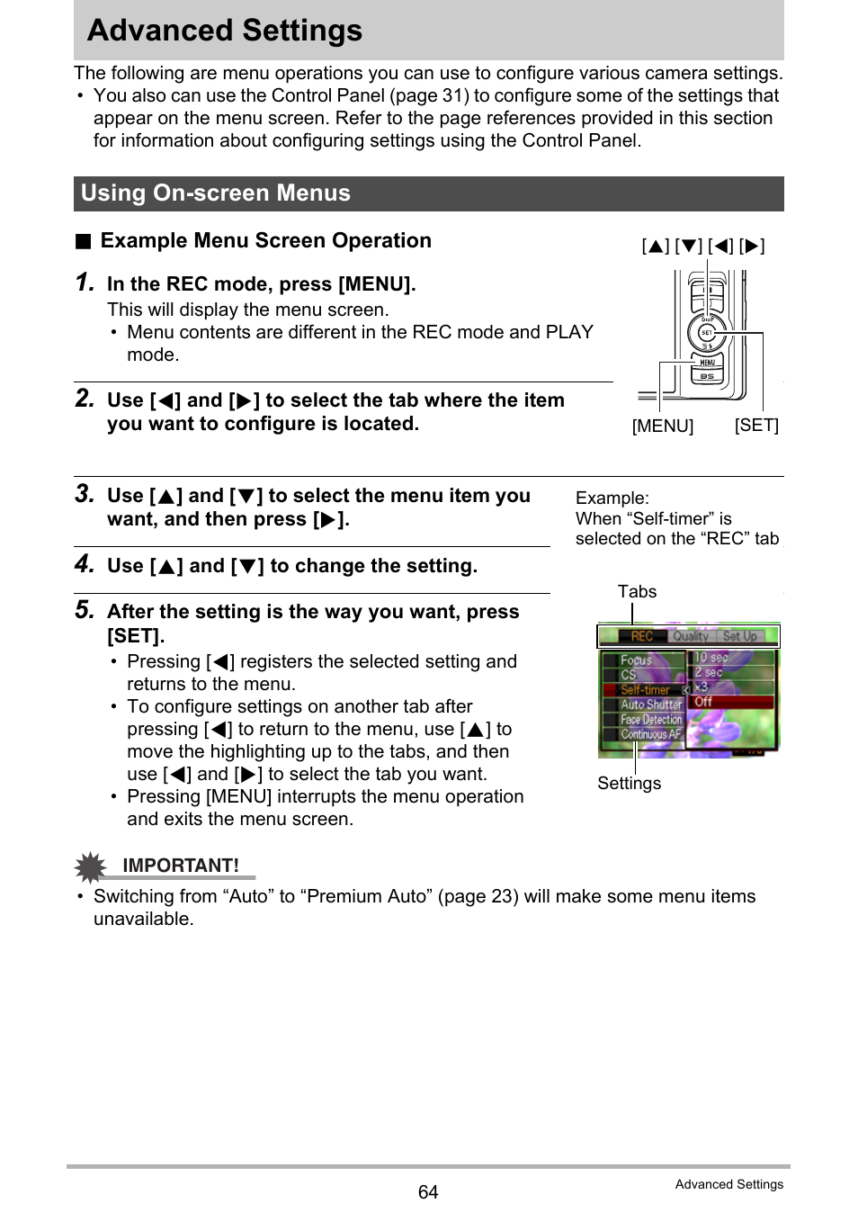 Advanced settings, Using on-screen menus | Casio EX-H15 User Manual | Page 64 / 194