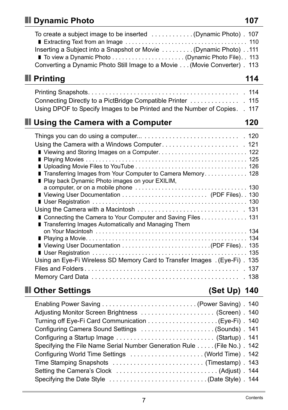 Dynamic photo 107, Printing 114, Using the camera with a computer 120 | Other settings (set up) 140 | Casio EX-H15 User Manual | Page 7 / 194