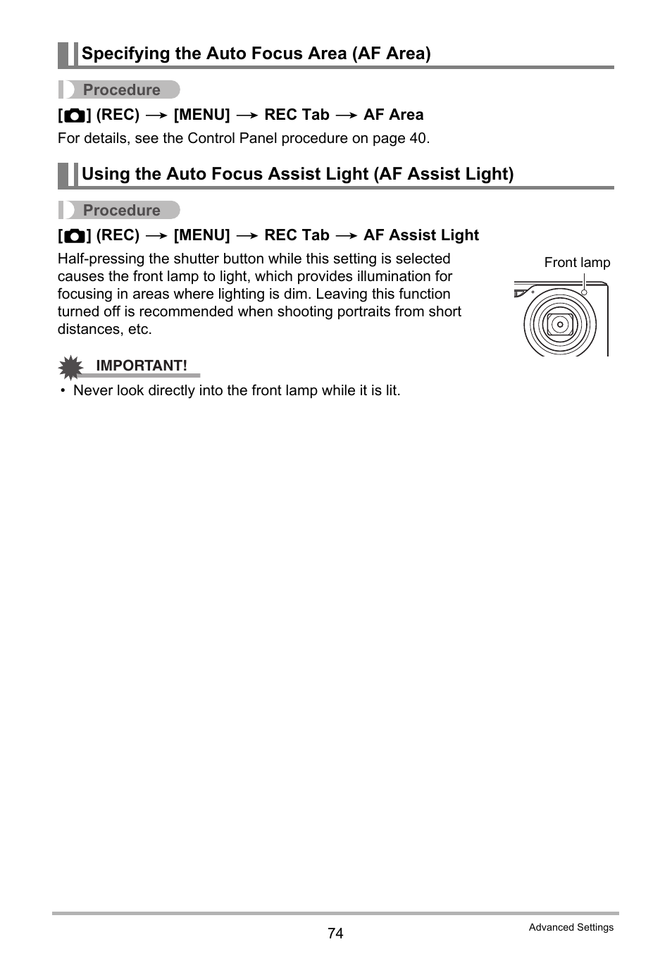 Specifying the auto focus area (af area) | Casio EX-H15 User Manual | Page 74 / 194