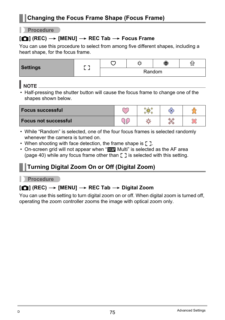 Changing the focus frame shape (focus frame), Turning digital zoom on or off (digital zoom) | Casio EX-H15 User Manual | Page 75 / 194
