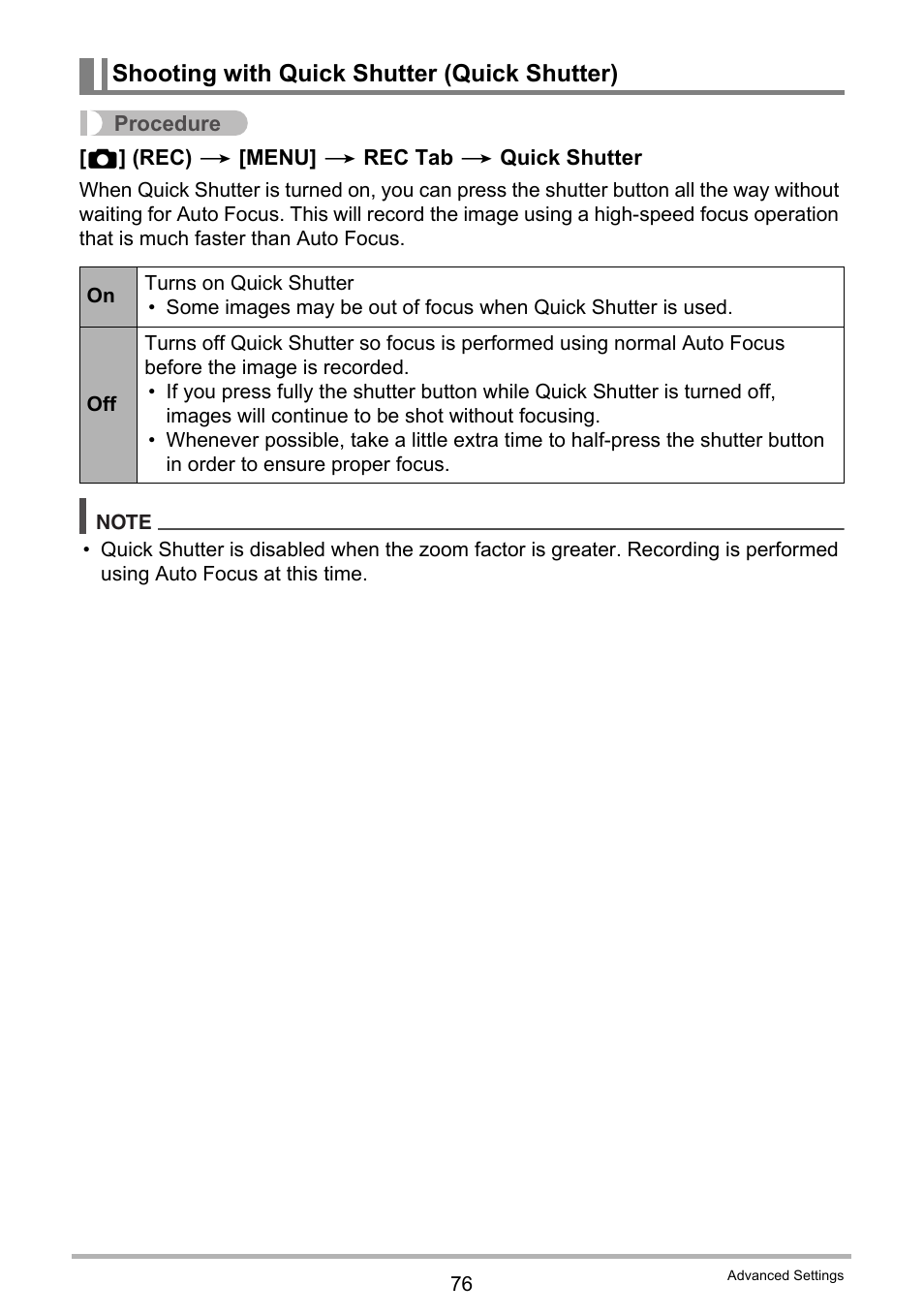 Shooting with quick shutter (quick shutter) | Casio EX-H15 User Manual | Page 76 / 194