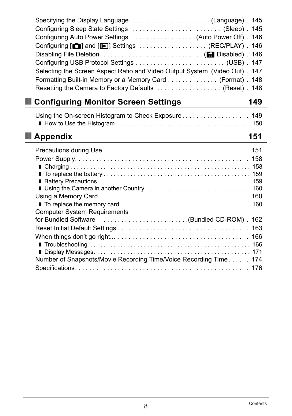 Configuring monitor screen settings 149, Appendix 151 | Casio EX-H15 User Manual | Page 8 / 194