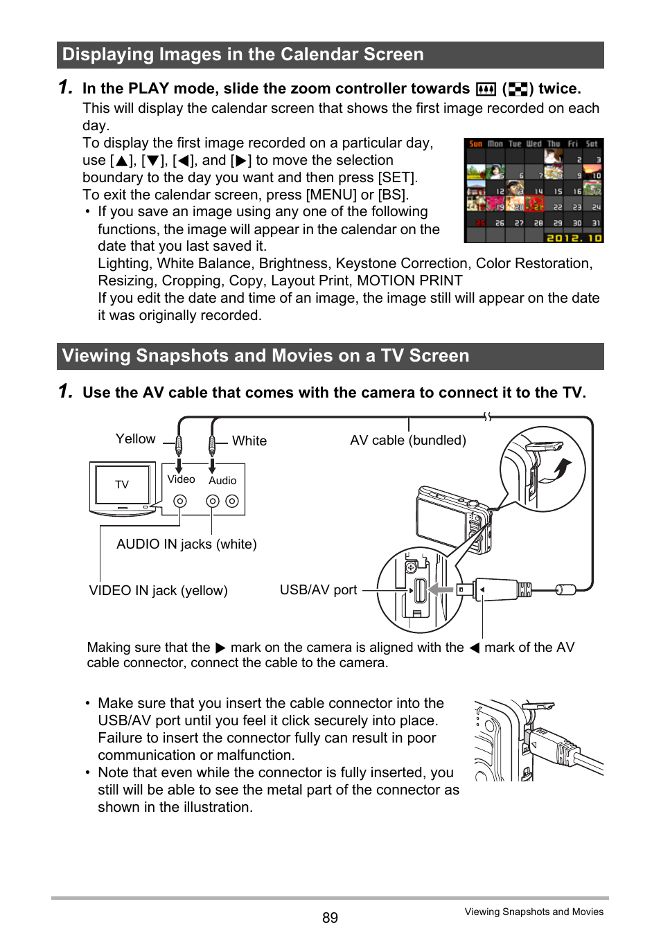 Displaying images in the calendar screen, Viewing snapshots and movies on a tv screen | Casio EX-H15 User Manual | Page 89 / 194