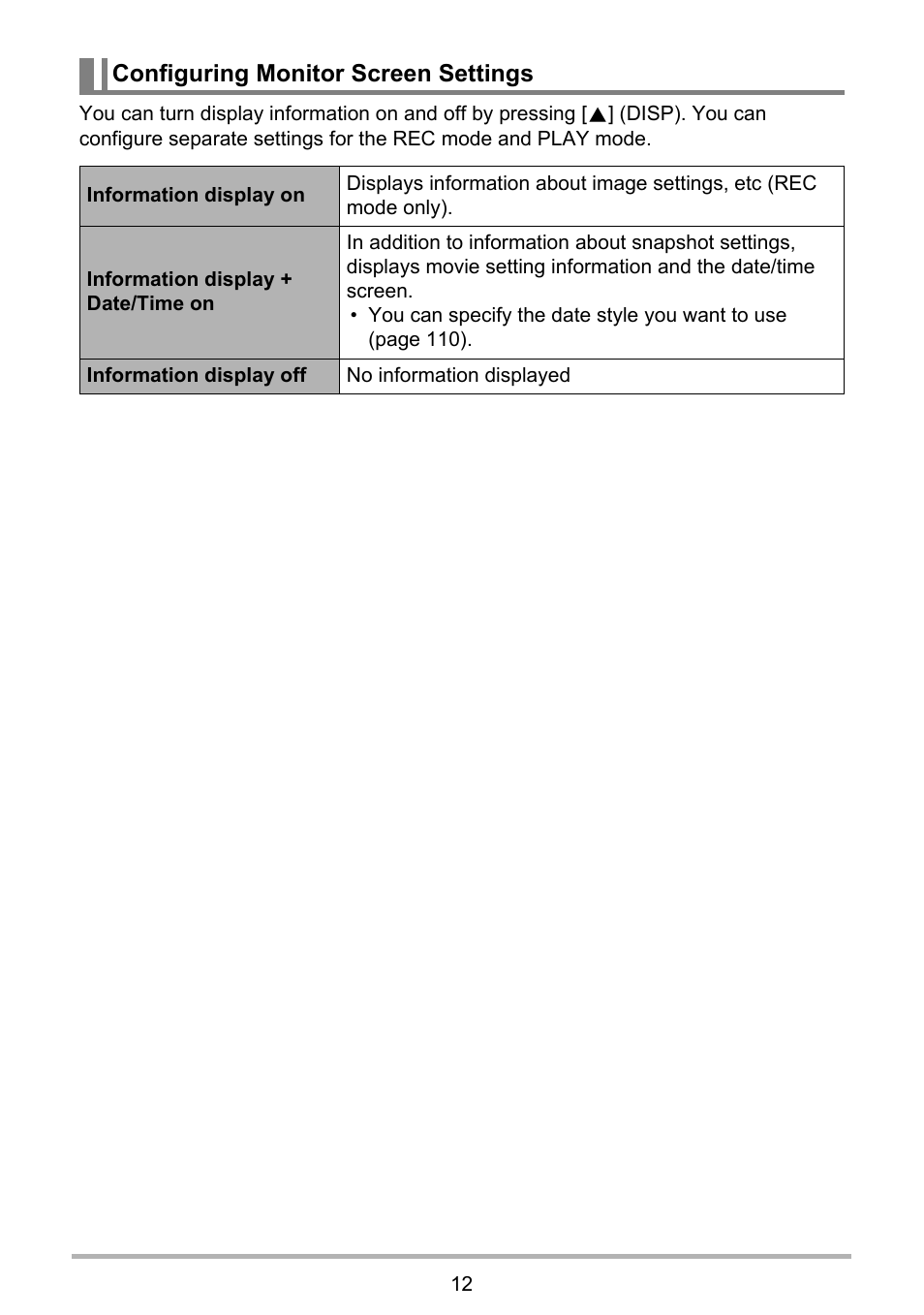 Configuring monitor screen settings | Casio EXILIM EX-ZS10 User Manual | Page 12 / 142
