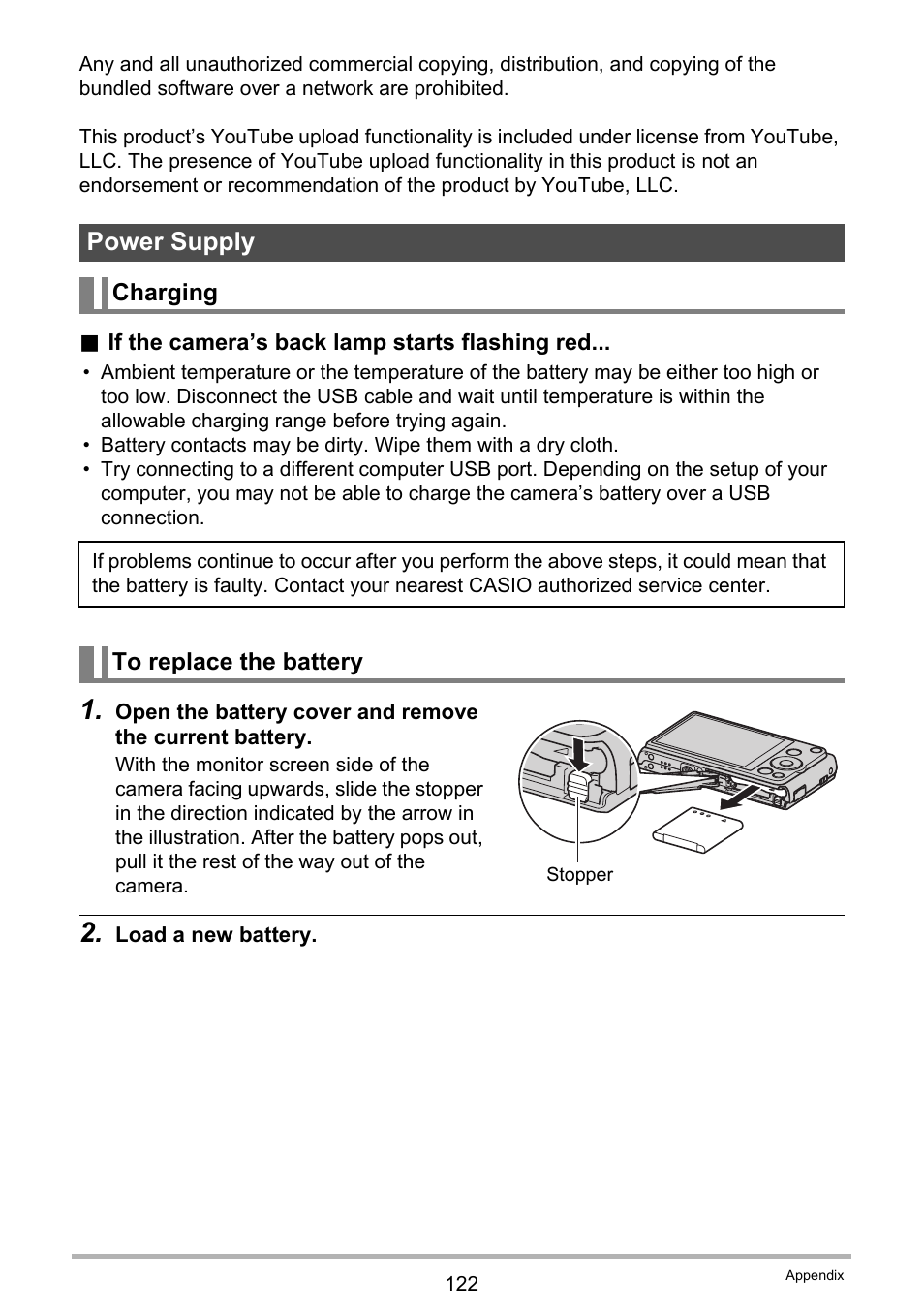 Power supply, Charging, To replace the battery | Casio EXILIM EX-ZS10 User Manual | Page 122 / 142