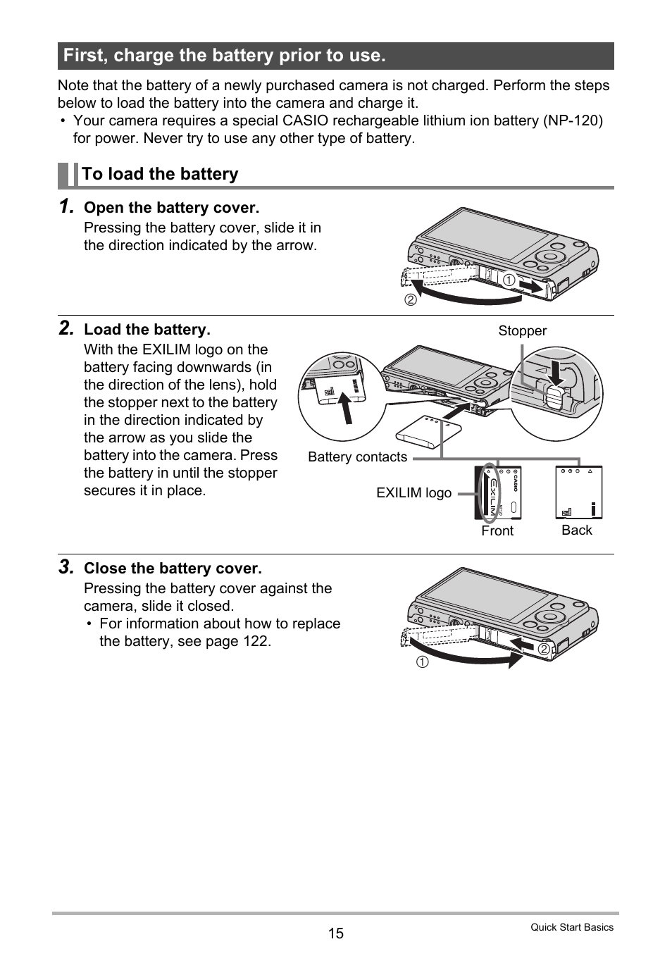 First, charge the battery prior to use, To load the battery | Casio EXILIM EX-ZS10 User Manual | Page 15 / 142