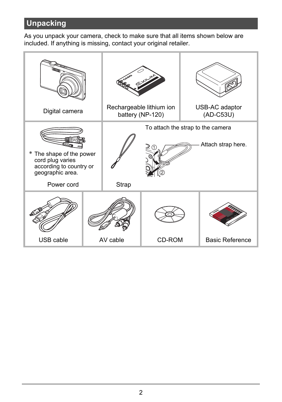 Unpacking | Casio EXILIM EX-ZS10 User Manual | Page 2 / 142