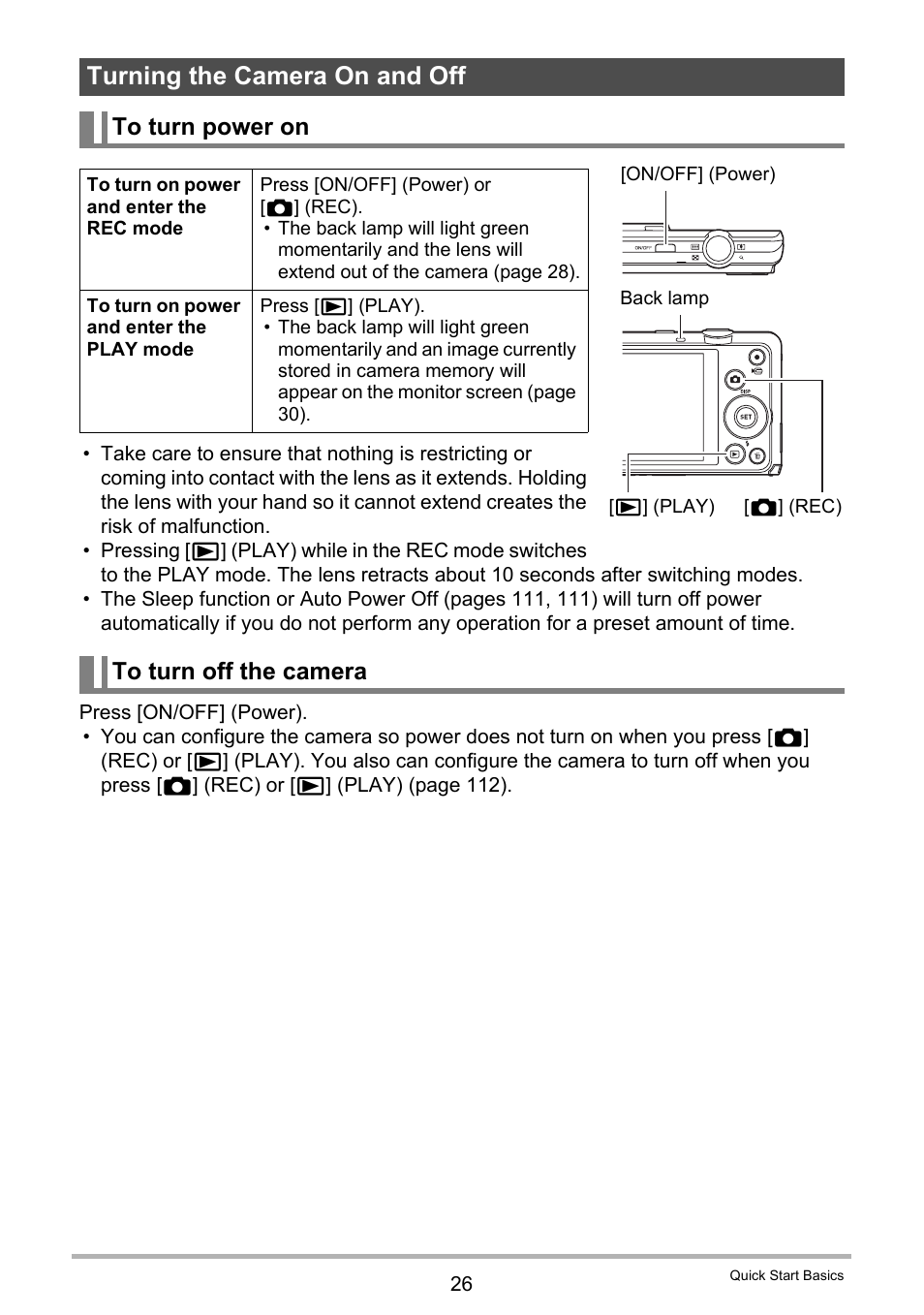 Turning the camera on and off, To turn power on, To turn off the camera | Casio EXILIM EX-ZS10 User Manual | Page 26 / 142