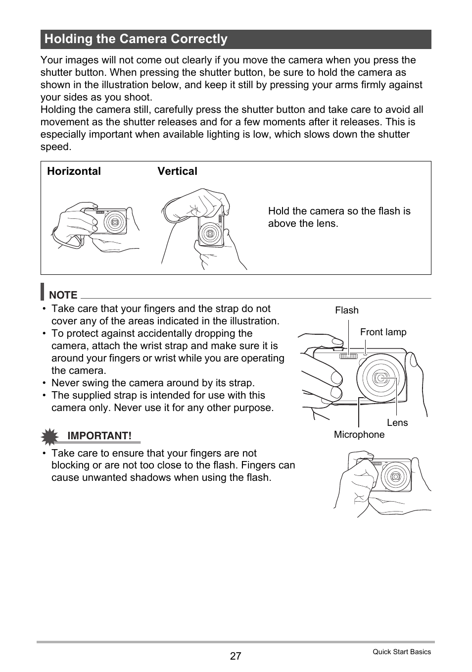 Holding the camera correctly | Casio EXILIM EX-ZS10 User Manual | Page 27 / 142