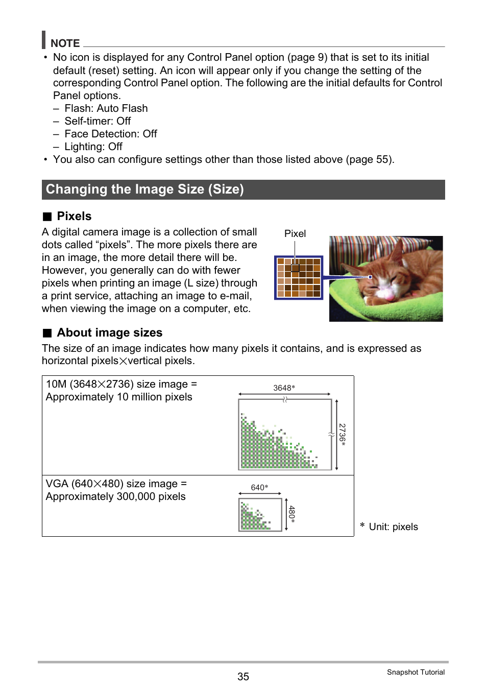Changing the image size (size), Pixels, About image sizes | Casio EXILIM EX-ZS10 User Manual | Page 35 / 142